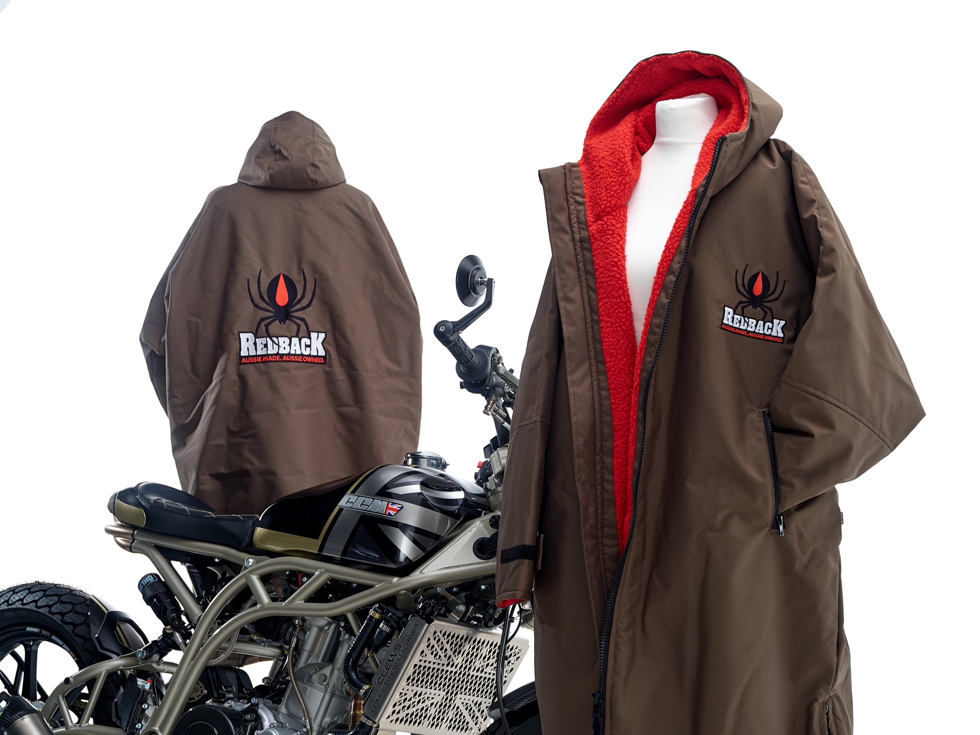 Redback robes front and back view posing with a CCM Motorcycle